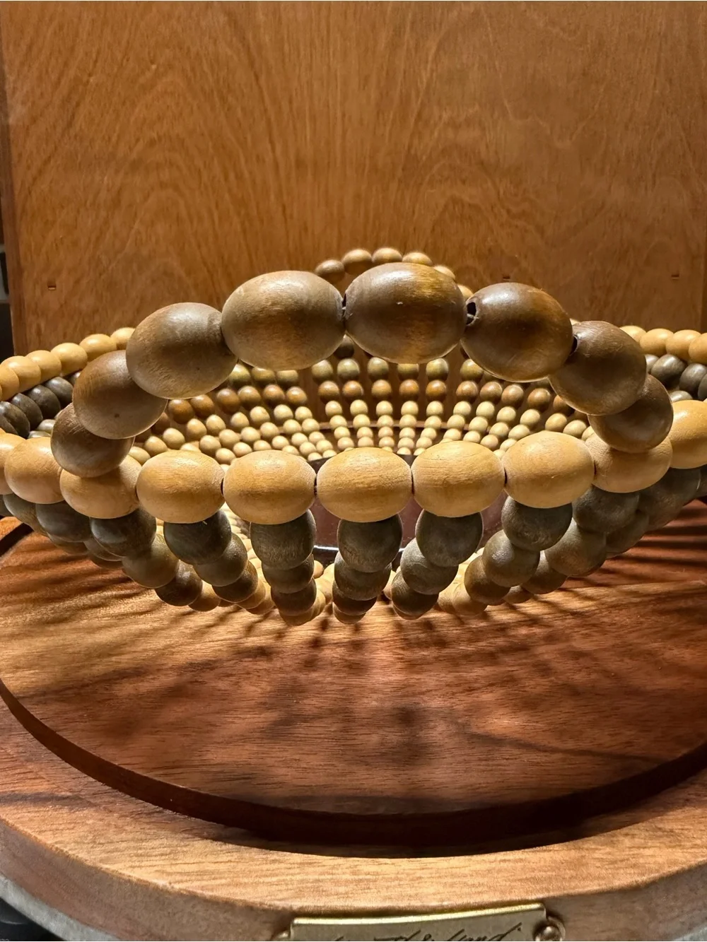 Vintage Mid-Century Wooden Beaded Basket Boho Fruit Bowl with Handles MCM